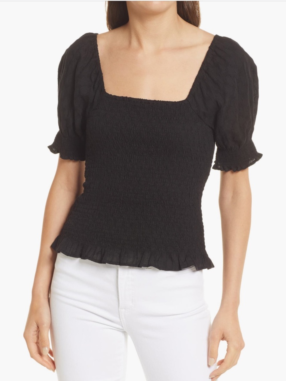 Madewell Black Lucie Smocked Peplum Puff Sleeve Top (Size XS)